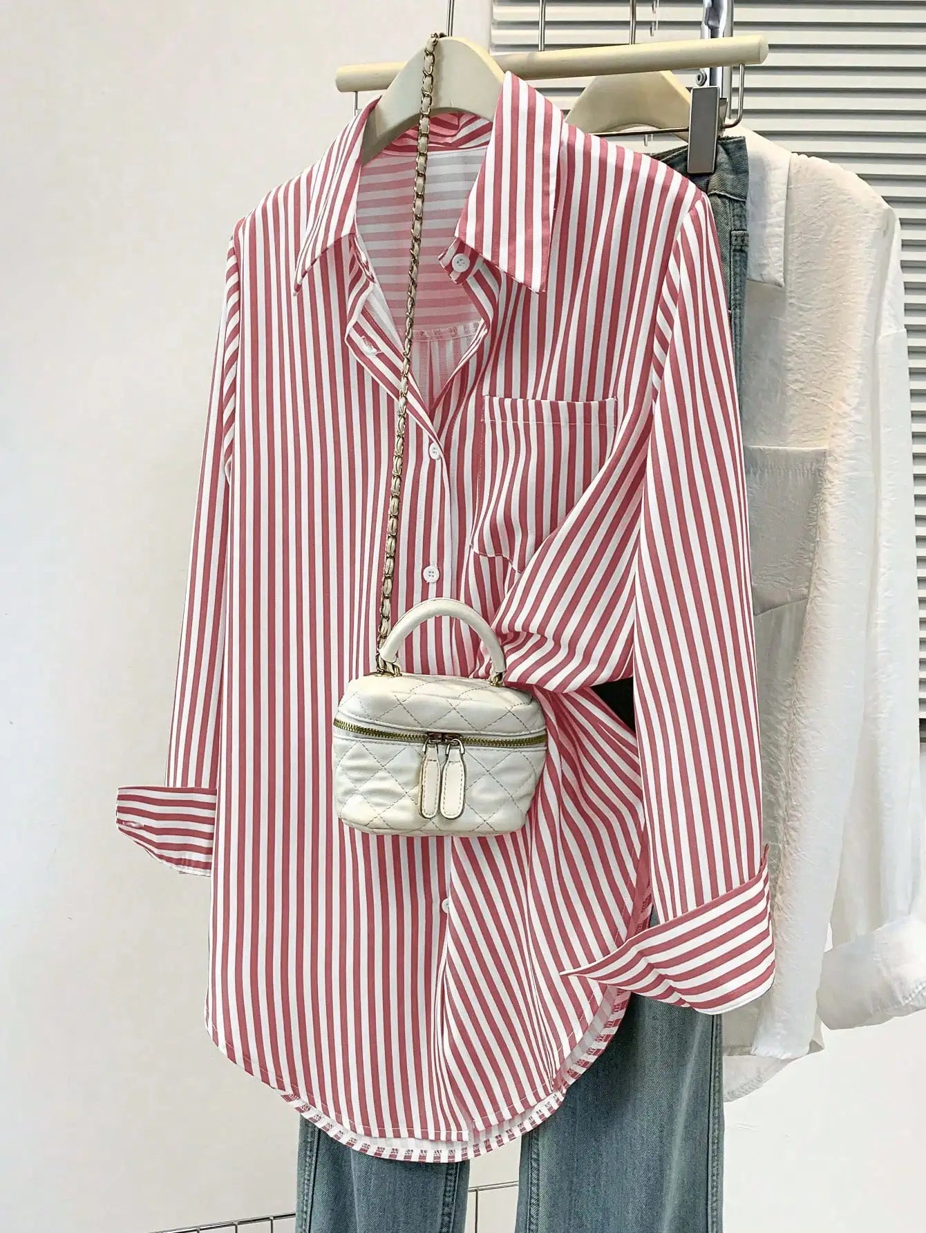Womens Casual Striped Pointed Collar Long Sleeve Button-Up Shirt