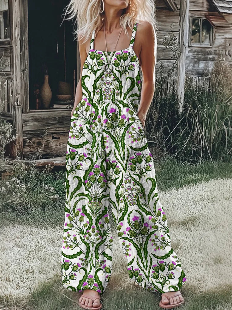 Women's Boho Floral Print Jumpsuit, Casual Summer Spaghetti Strap Wide-Leg Romper, Beach Vacation Jumpsuit with Pockets