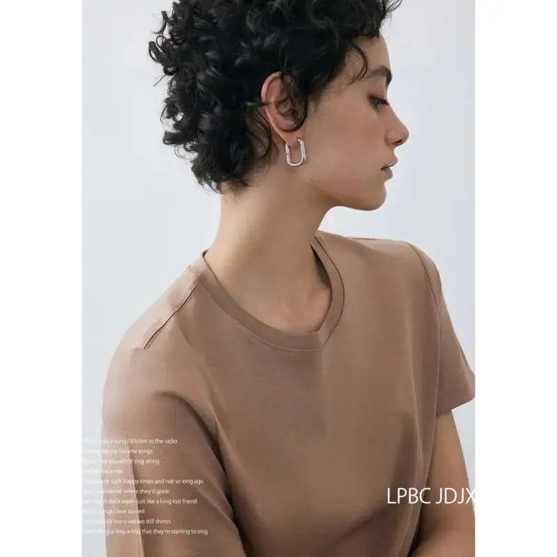Summer 6% Mulberry Silk Cotton T-shirts Women Loose Round Neck Short Sleeve Luxury Tee Solid Color Basic Tops