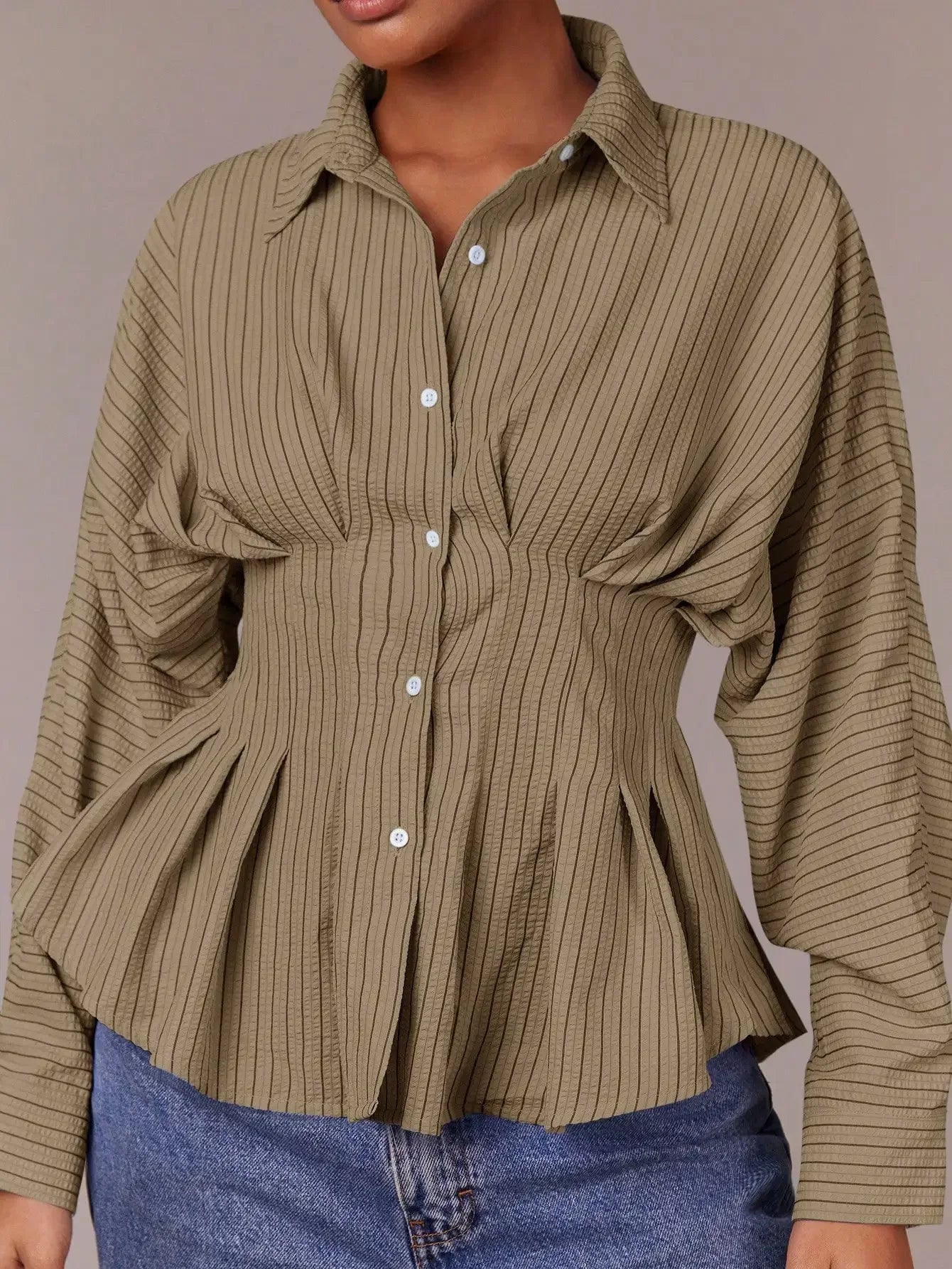 Women Striped Waist Cinched Long Sleeve Pleated Blouse