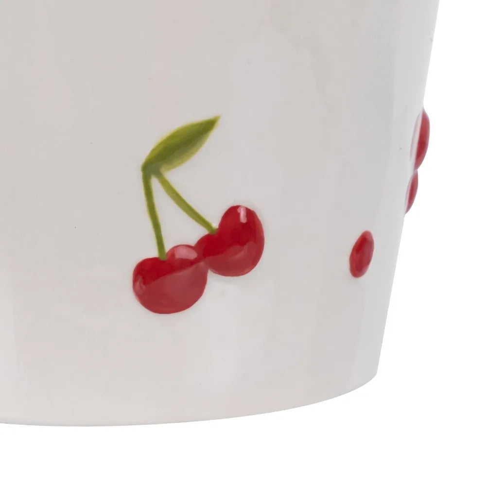 Round Ceramic Cherry Planter Pot for Plants Home Garden Decor Cream Red Flower Pot Handmade Art Pottery Vase with Drainage Hole