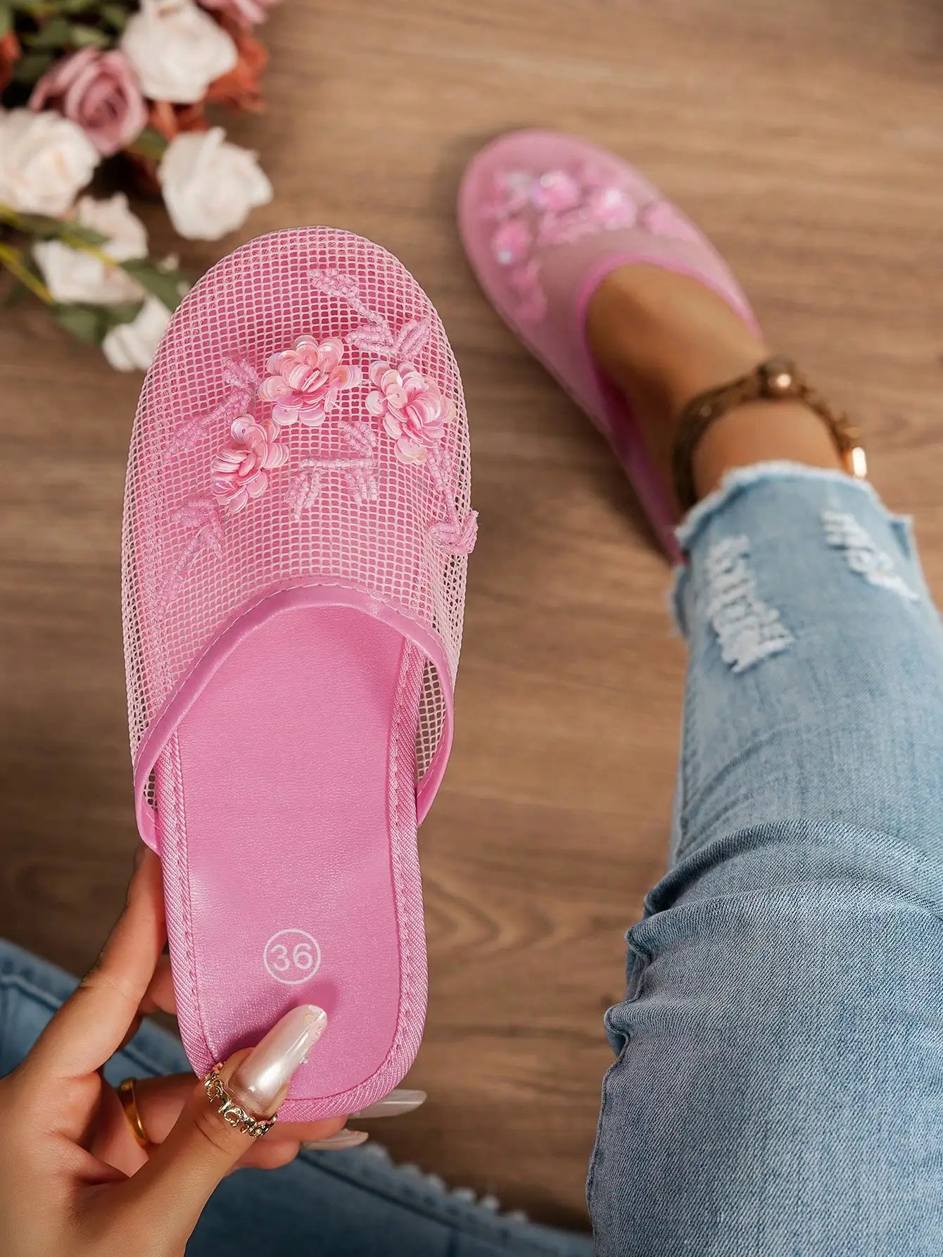 Womens Black Mesh Mules With Beaded Floral Embellishment Slip-On Flat Sandals
