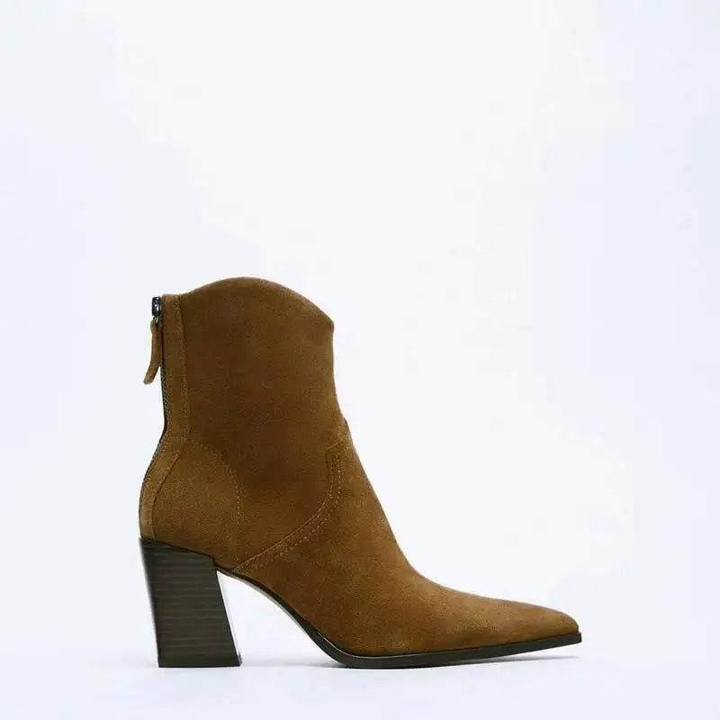 2026 Suede Leather Women's Pointed Toe Zippered Western Cowboy For Women Ankle Bootsblock Heel Work Boots Female Shoes