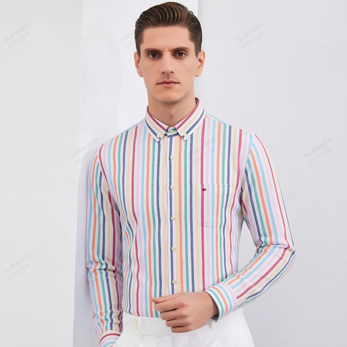 Men's Plaid Striped Button Down Shirts Spring Fall Cotton Long Sleeve Oxford Dress Shirts with Pocket