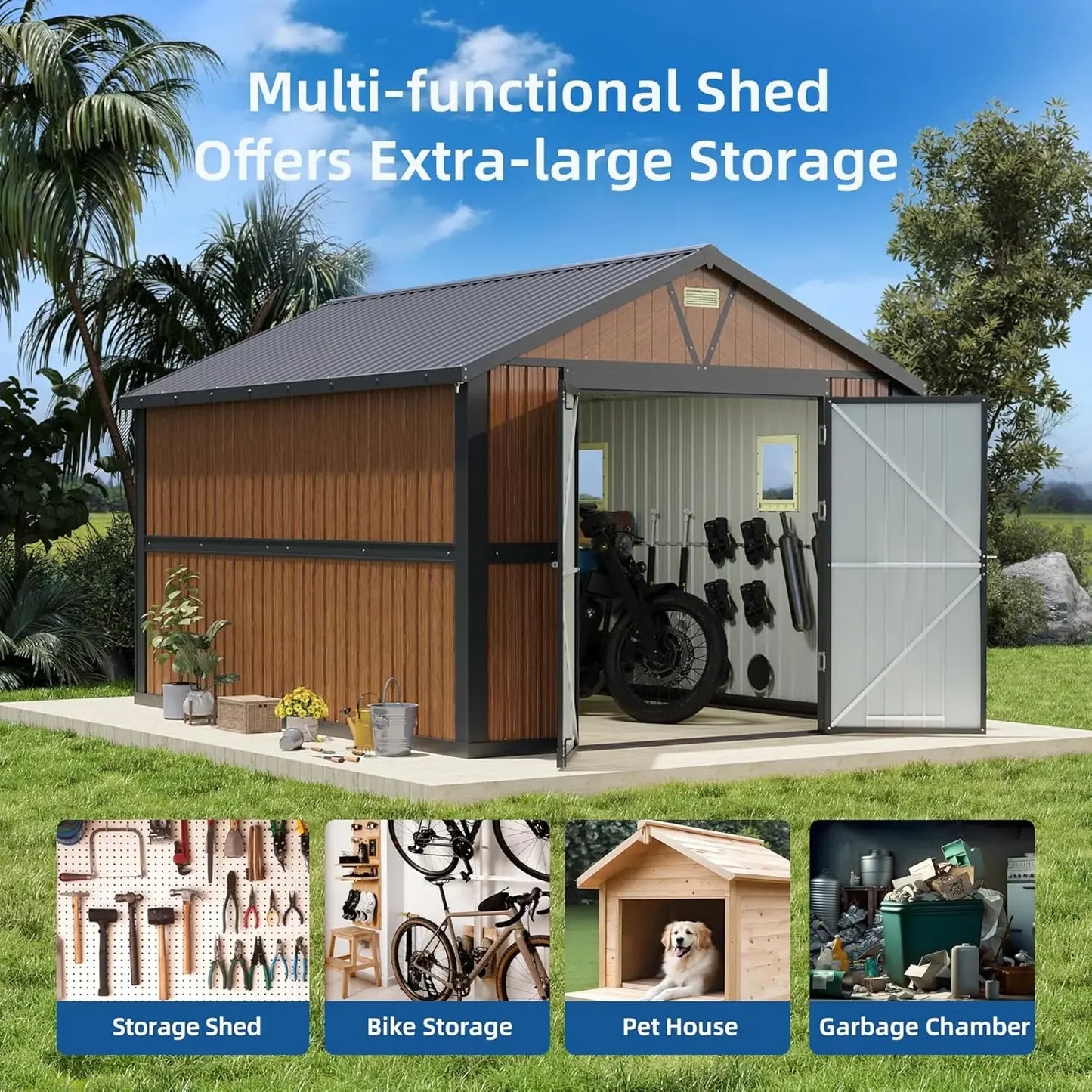 Outdoor Extra Large 10x12 FT Metal Storage Shed, Lockable Doors & Window for Backyard Garden Tool Storage, Customized