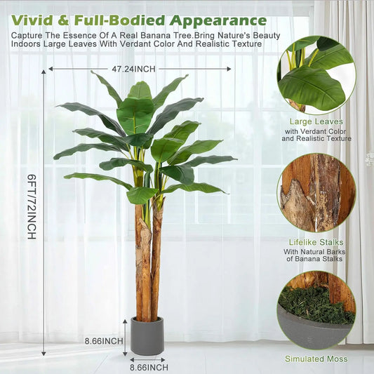 Artificial Banana Tree 7FT/6FT/5FT, Faux Banana Tree with Grey Planter, Artificial Plants with Fake Banana Leaves Plant for Home