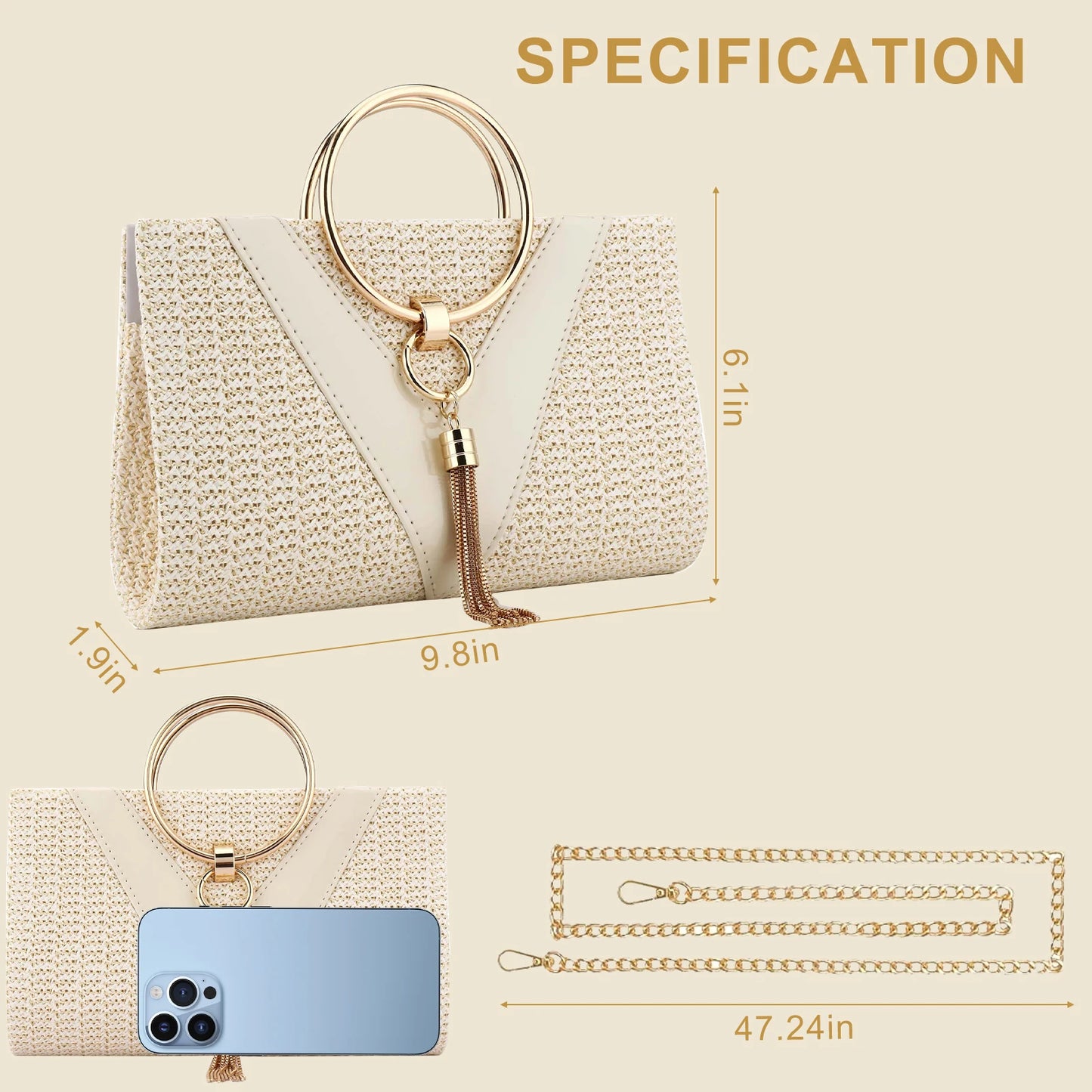Women’s Summer Straw Tote Bag Elegant Woven Clutch Purse with Zinc Alloy Hardware Versatile Shoulder Bag for Beach Party & Casual Wear Straw Woven Handbag for Women