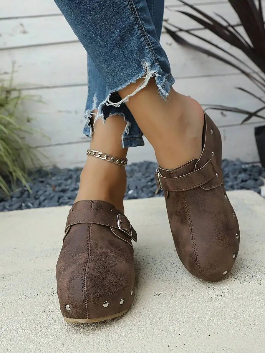 Retro Distressed Matte Leather Studded Mules Slip-On Shoes With Buckle Strap