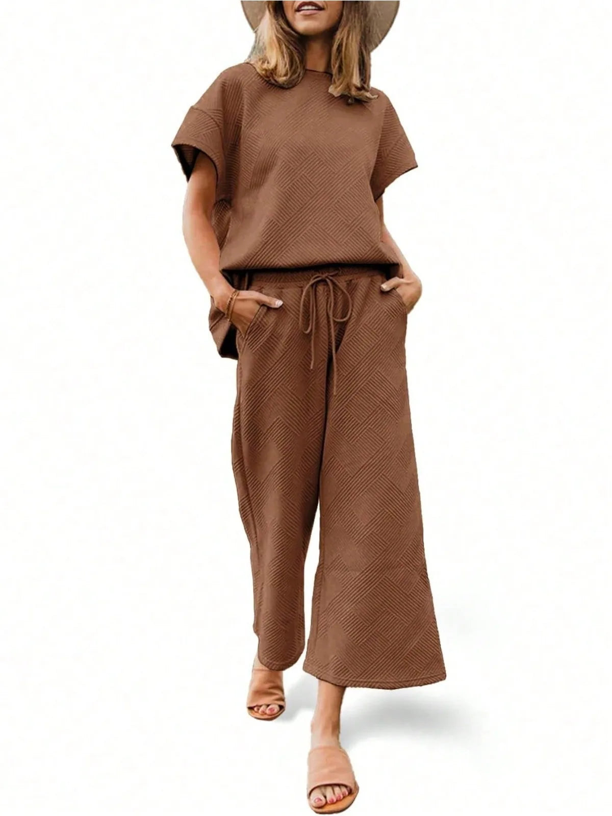 Fisoew two piece sets  Luxury High Stretch Drawstring Waist Sweatsuit Set Women 2025 Y2K Two Piece Outfit Cropped Top Wide Leg