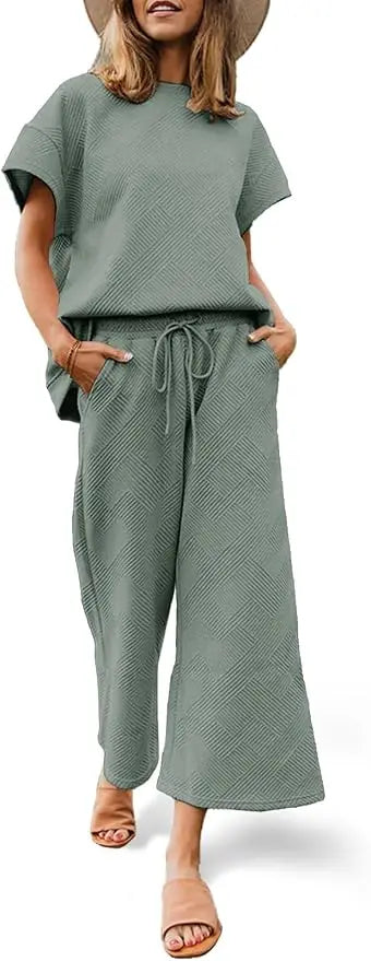 Fisoew two piece sets  Luxury High Stretch Drawstring Waist Sweatsuit Set Women 2025 Y2K Two Piece Outfit Cropped Top Wide Leg
