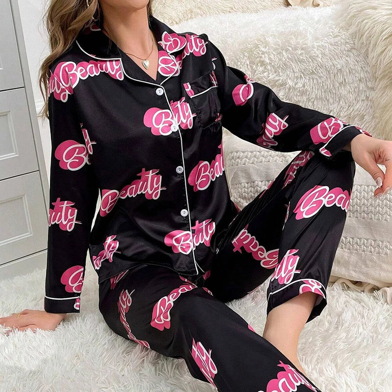Satin Cute Cat Print Pajama Set | Long Sleeve Lapel Top & Pants Luxury Women Fall Sleepwear