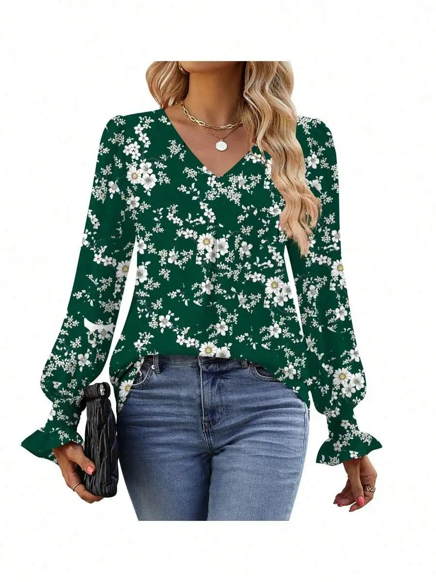 Womens Long Sleeve V Neck Loose Chiffon Blouse Casual Elegant Tunic Top