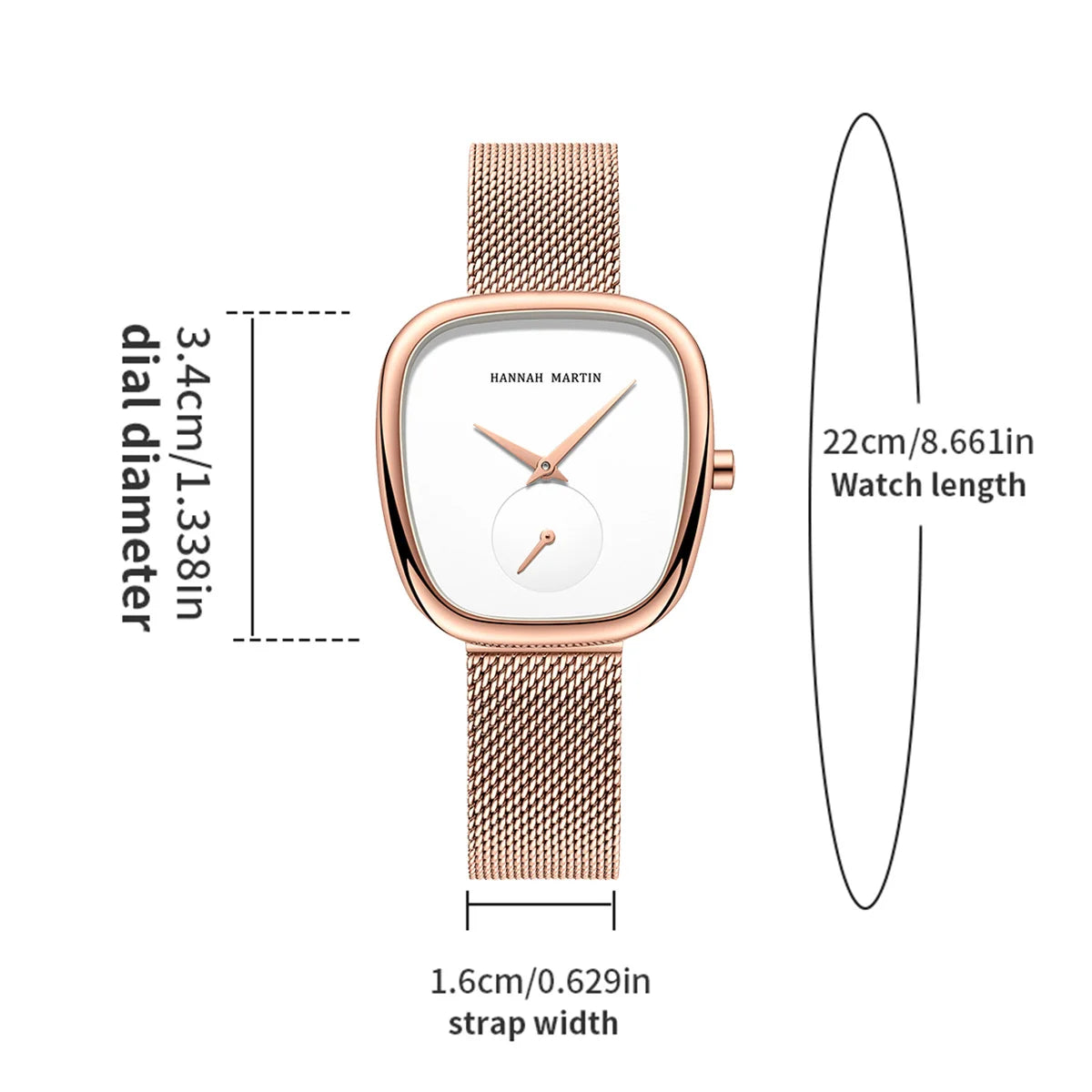 HANNAH MARTIN Watch Women Rose Gold Stainless Steel Mesh Belt 34mm Oval Timing Quartz Clock Suitable Work Commuter Couple Watch