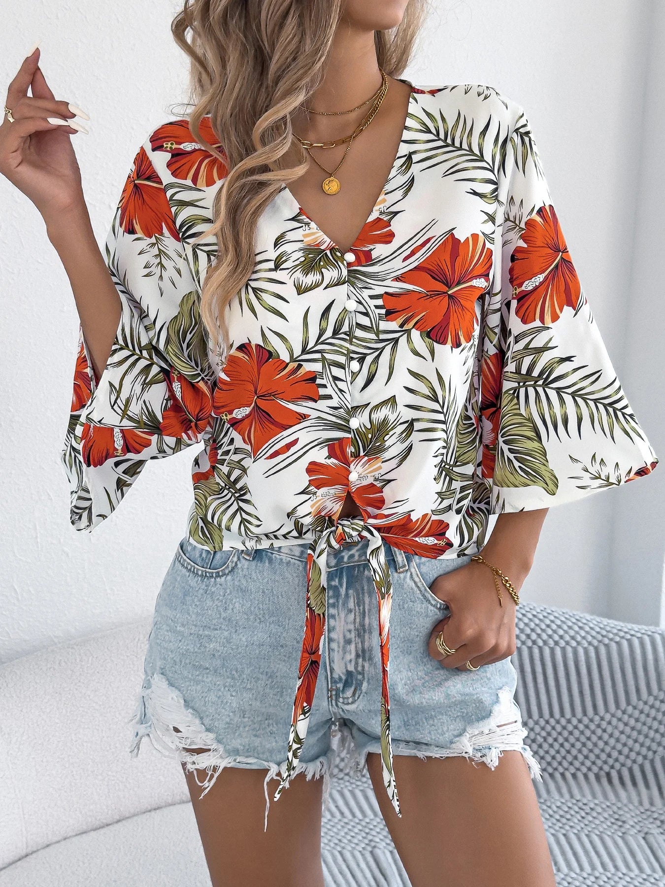 Women Bohemian Floral Print V Neck Button Front Tie Waist Shirt Blouse 3 4 Sleeve Vacation Tops