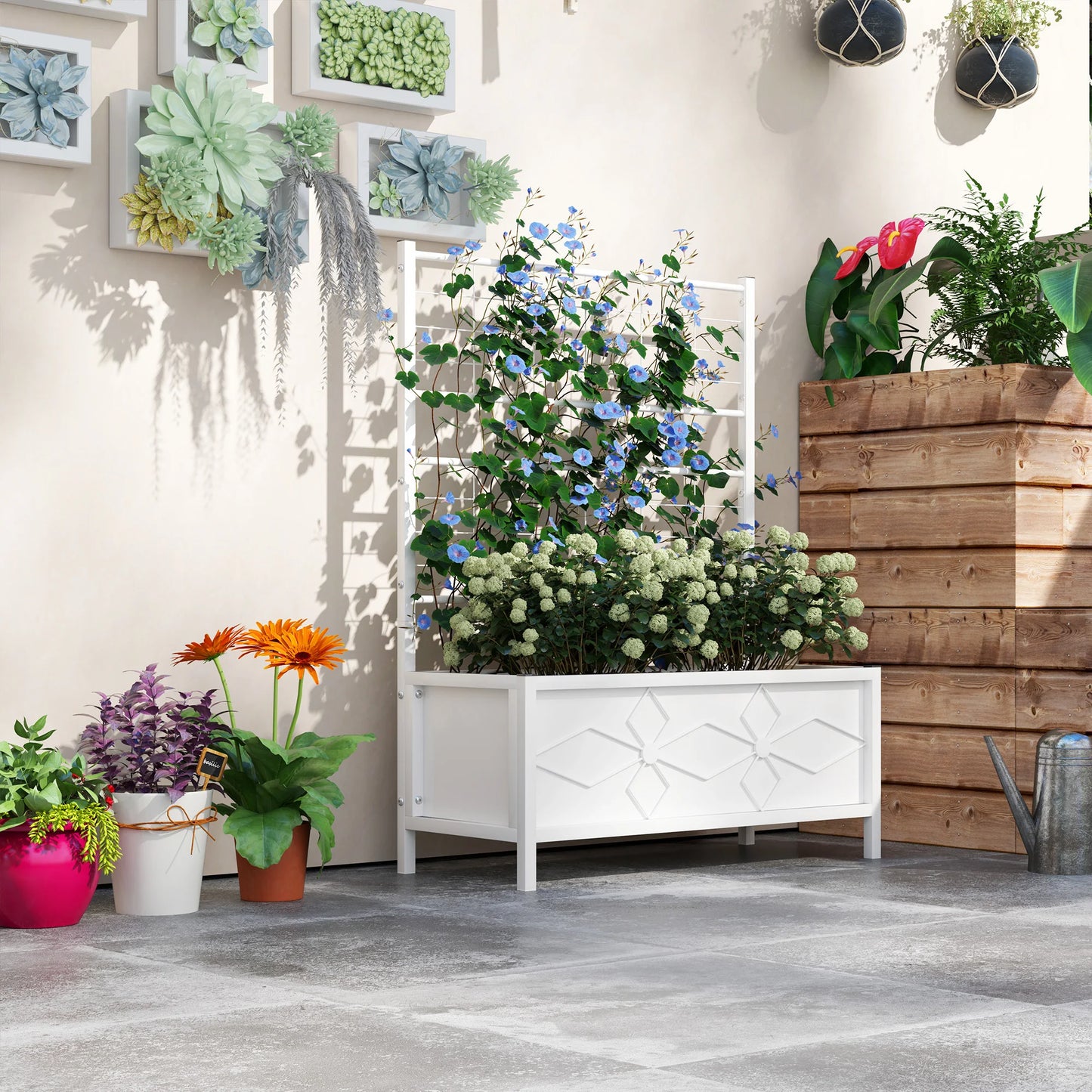 Galvanized Raised Garden Bed with Trellis Planter Box, White