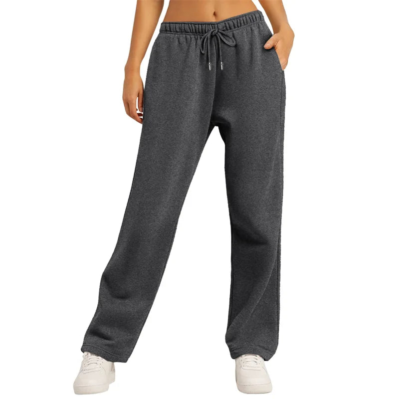 Wide Leg Sweatpants Loose Daily Casual Solid Drawstring High Waist Autumn Winter Women Comfort Trousers