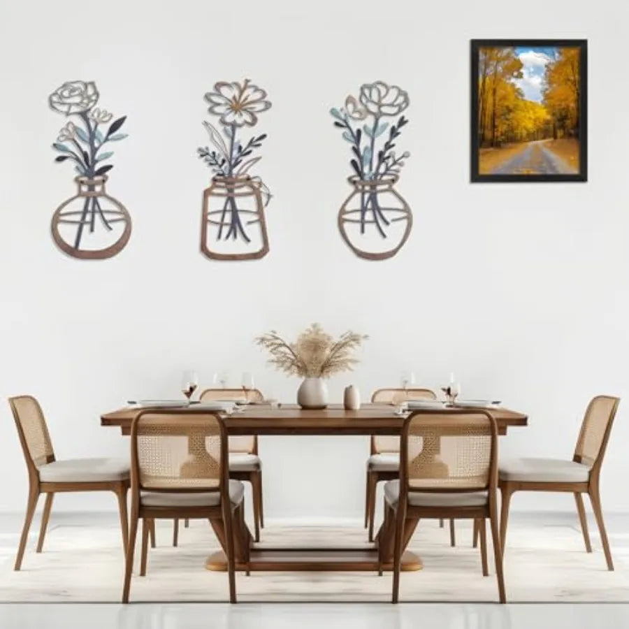 Metal-Wall-Decor Living Room - 3 Pcs Metal Bathroom Wall Art Floral Vase and Picture Frame for Decoration- Hanging Display Wall