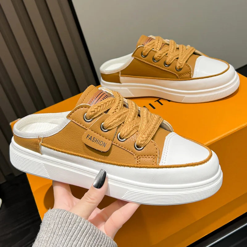 Platform Slip-On Backless Canvas Sneakers, Women's Casual Mule Shoes, Closed Toe Lace-Up Walking Footwear