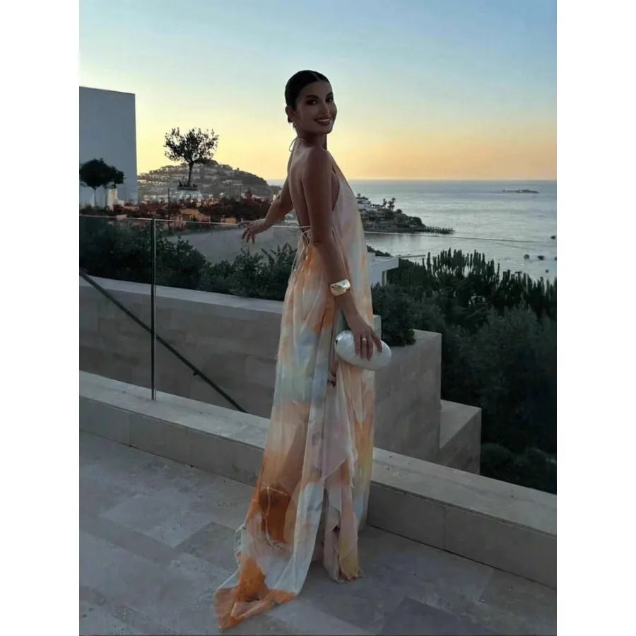 【New style】Vacation Outfits Women Summer Dresses For Women Halter Sleeveless Long Dress Watercolor Print Halter Neck Maxi Dress