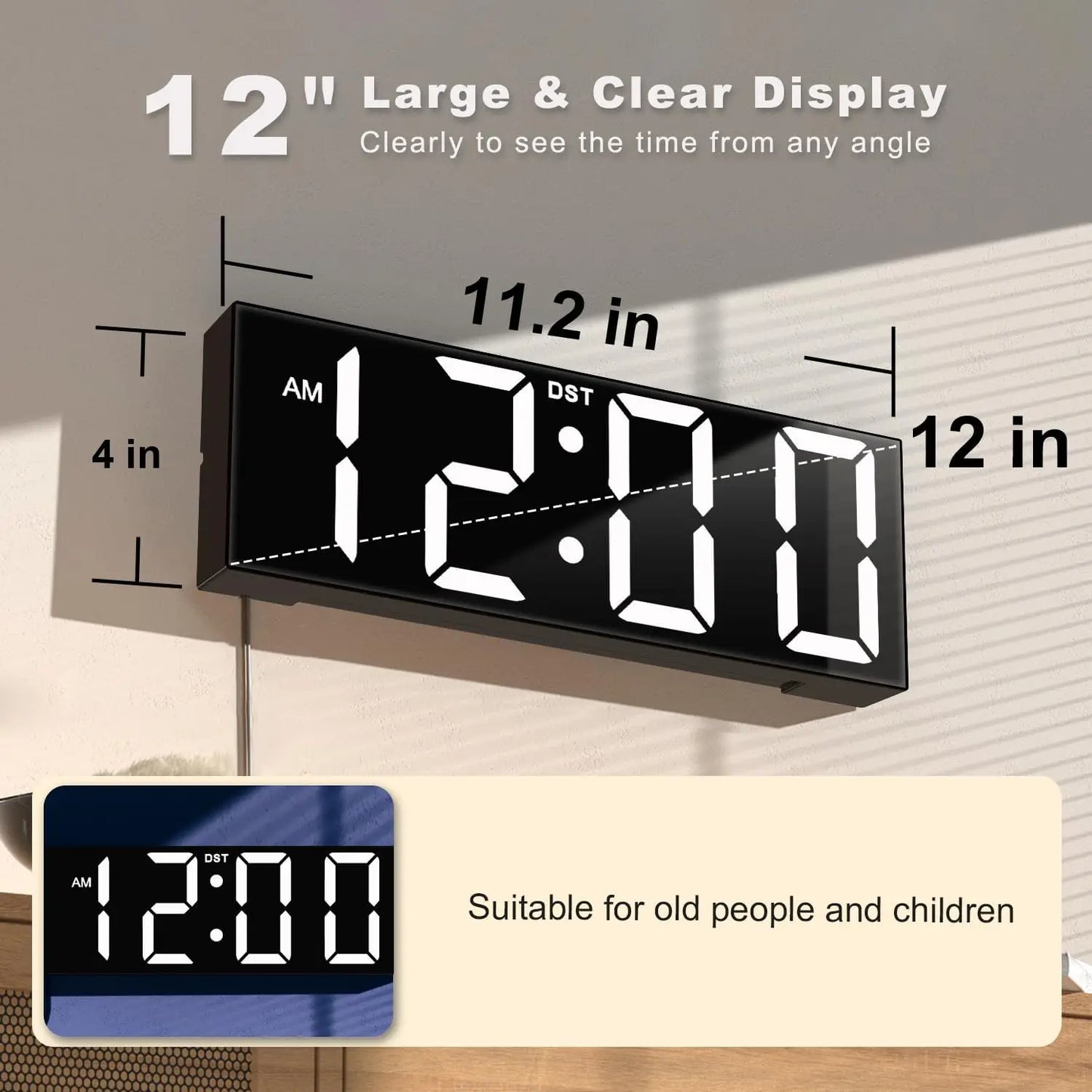 12'' Large Digital Wall Clock, Big LED Display, DST, Night Light for Classroom, Living Room, Bedroom, White