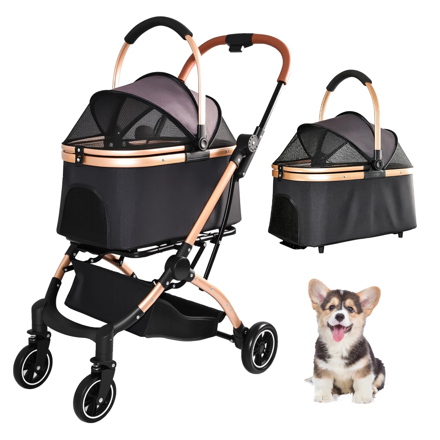Pet Stroller for Dogs and Cats 2-in-1 Detachable Foldable 4 Wheels Pet Stroller Quick One-Hand Fold Storage Basket Detachable Carry Basket with Sun Canopy