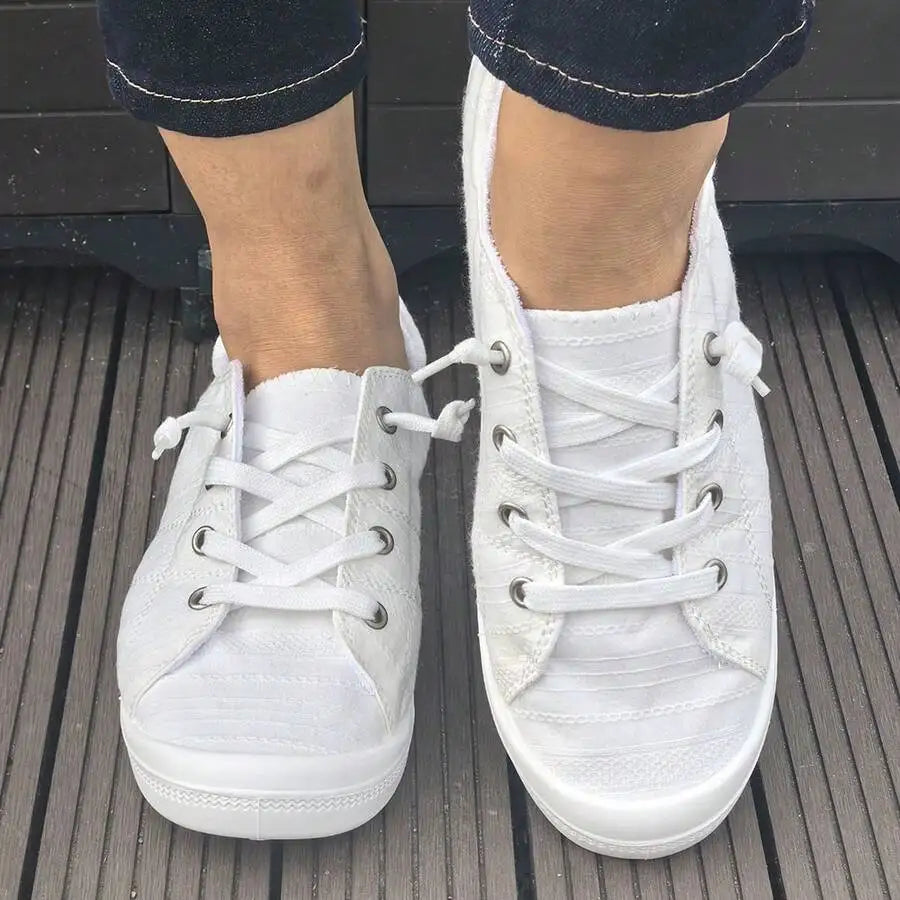 Womens White Lace-Up Flat Canvas Shoes Comfortable Casual Sneakers Spring Summer