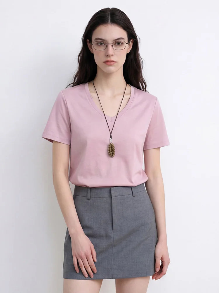 Summer 6% Mulberry Silk Cotton T-shirts Women Loose Round Neck Short Sleeve Luxury Tee Solid Color Basic Tops