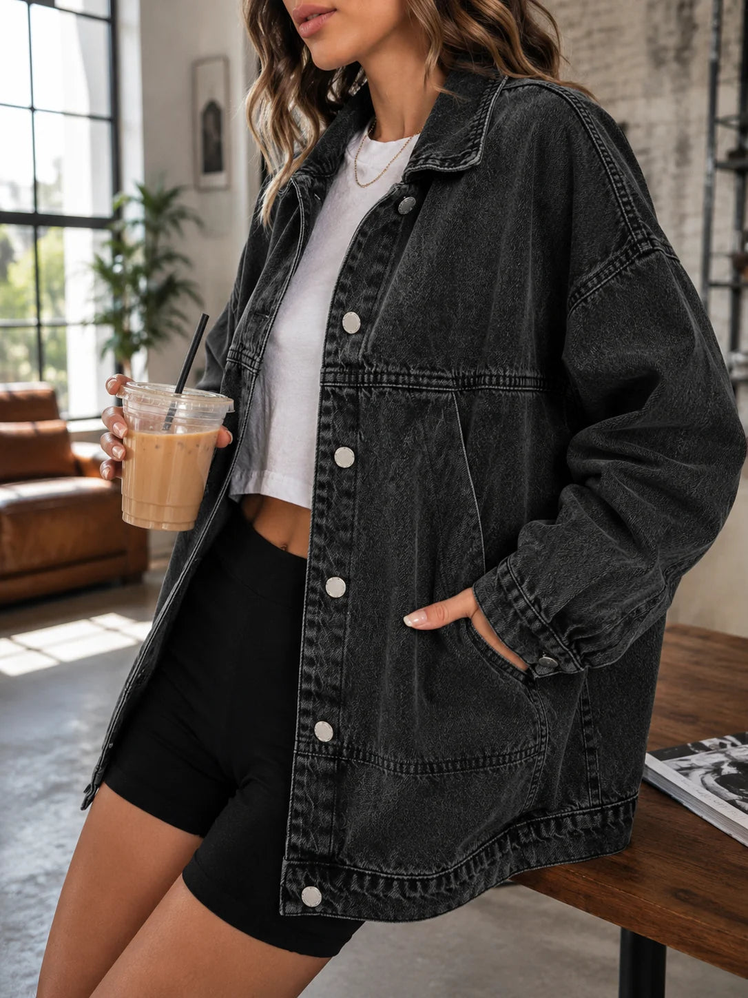 Women's Casual Loose Fit Drop Shoulder Long Sleeve Single-Breasted Denim Jacket, Autumn