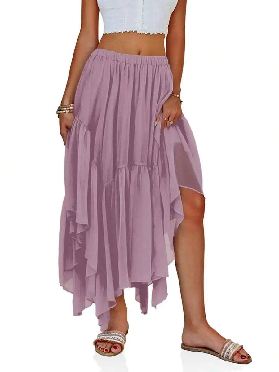 Womens Boho Asymmetric High-Low Hem Flowy Maxi Skirt Casual Summer