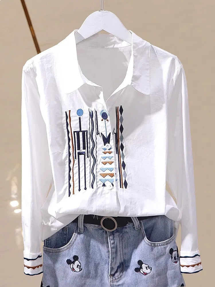 Designer-Inspired Vertical Stripe Slim-Fit Pure Cotton Embroidered Shirt Women Long Sleeve Blouse Ethnic Style