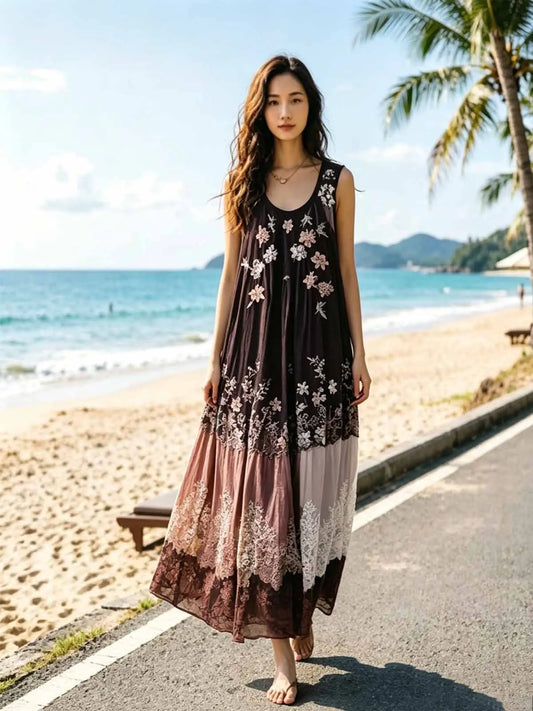 Plus Size Boho Floral Print Sleeveless Maxi Dress - Breathable Flowy A-Line Sundress For Summer Beach Vacation & Casual Wear, Comfortable All-Day Fit