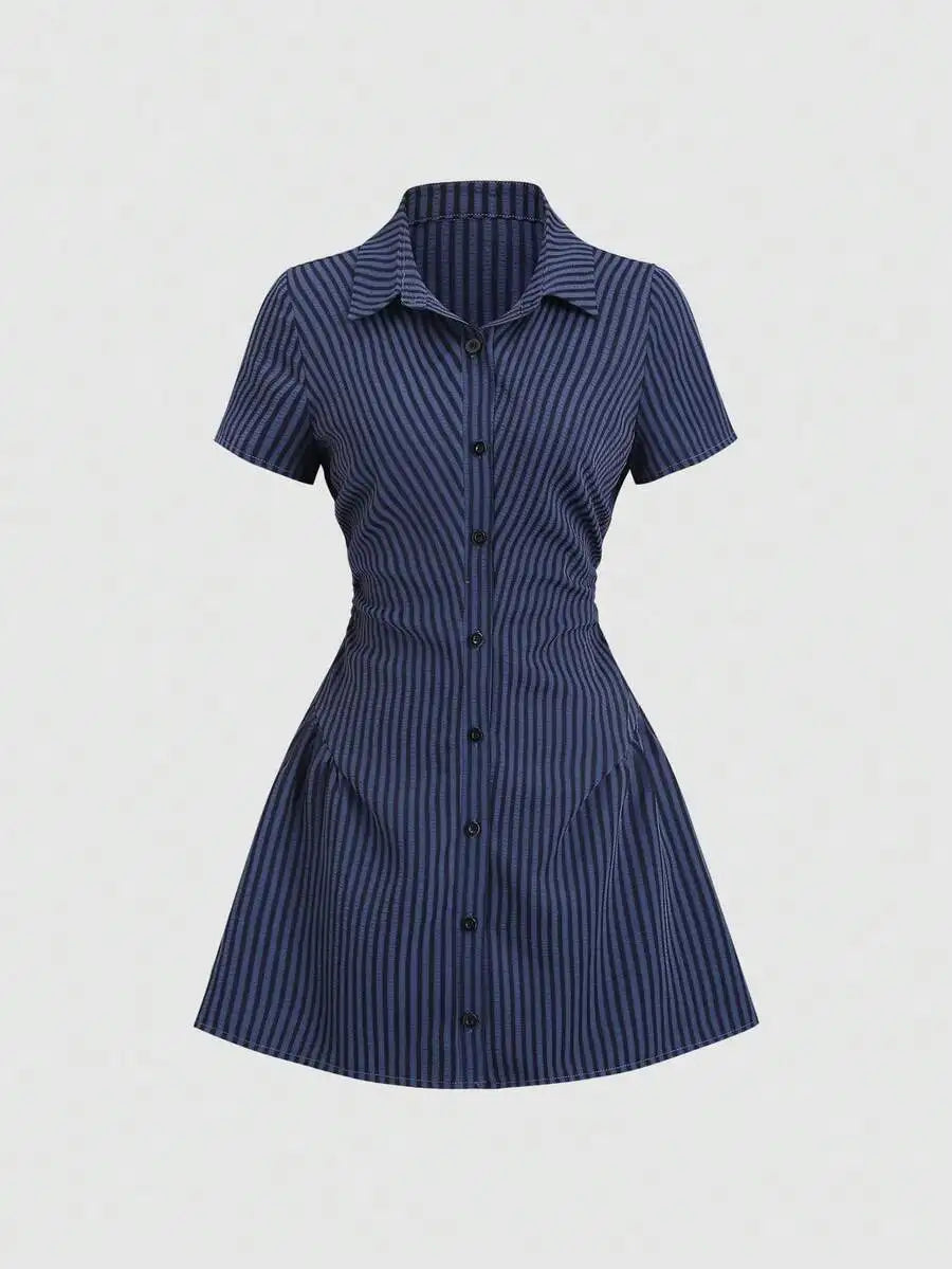 Yellow Short Sleeve Shirt Dress With Button Front And Flared Skirt For Summer