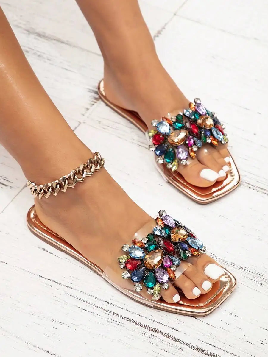 Champagne Rhinestone Boho Flat Sandals, Non-Slip Oversized Beach Casual Slippers for Women