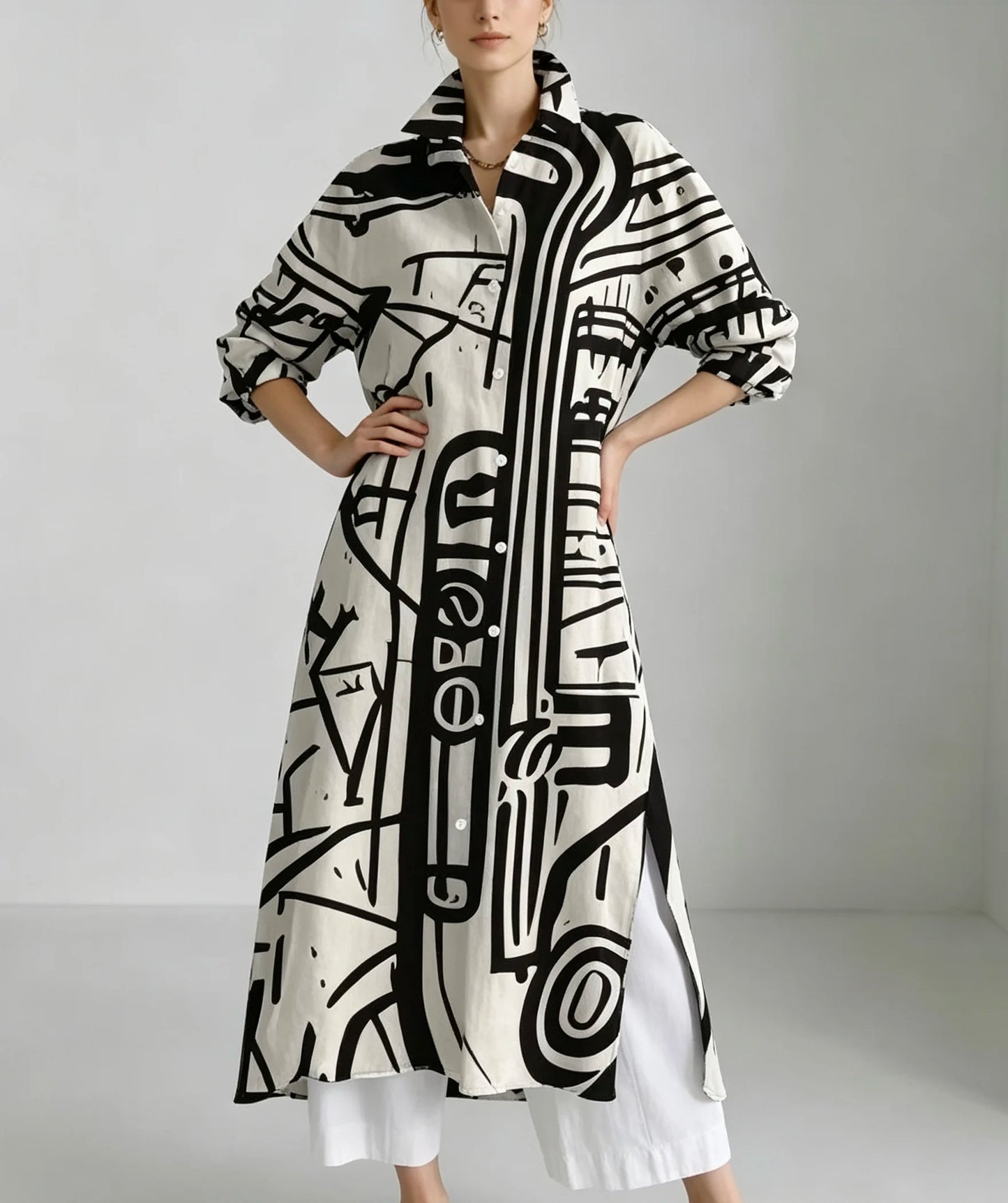 Plus size black and white graffiti print long shirt sun protection cardigan; lapel button-up side slit loose three-quarter sleeve sun protection cardigan long