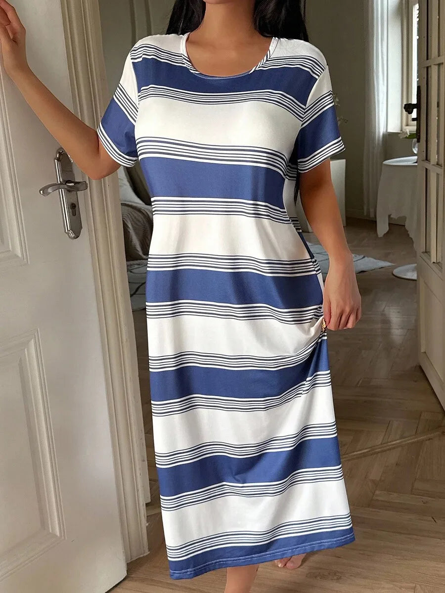 Womens Casual Blue And White Striped Loose Midi Dress Nightgown Lounge Dress