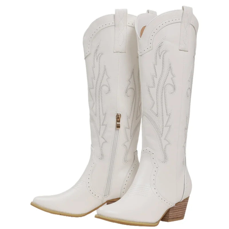 Women's Western Cowboy Boots - Knee High Embroidered Pointed Toe Cowgirl Boots with Side Zipper & Chunky Block Heel