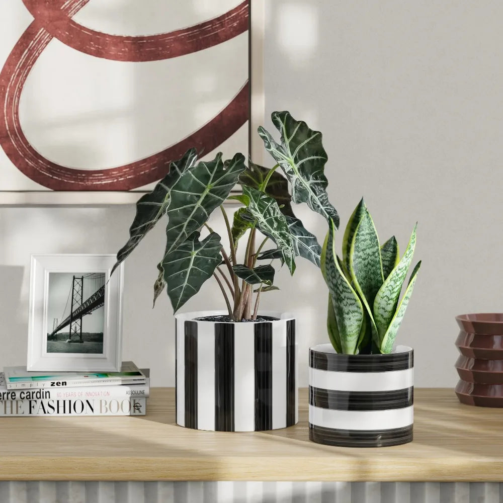 Large Round Ceramic Flower Pot Planter Modern Rich Black and Arctic White Indoor Outdoor Home Garden Decor