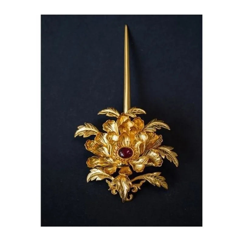 Bright Crown Qunfang Gold-plated Restored Gold-inlaid Tourmaline Peony Flower Hairpin Forbidden Hair Accessories Style