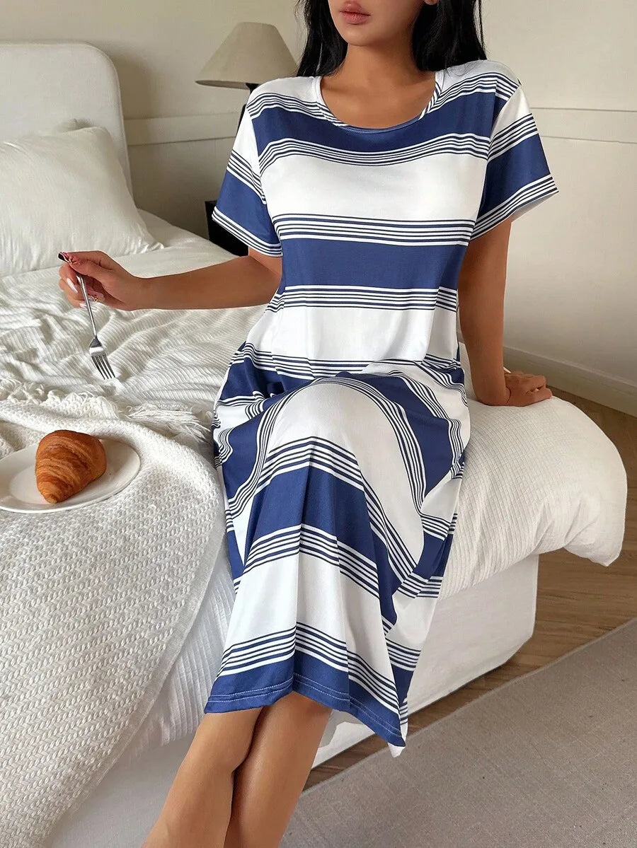 Womens Casual Blue And White Striped Loose Midi Dress Nightgown Lounge Dress