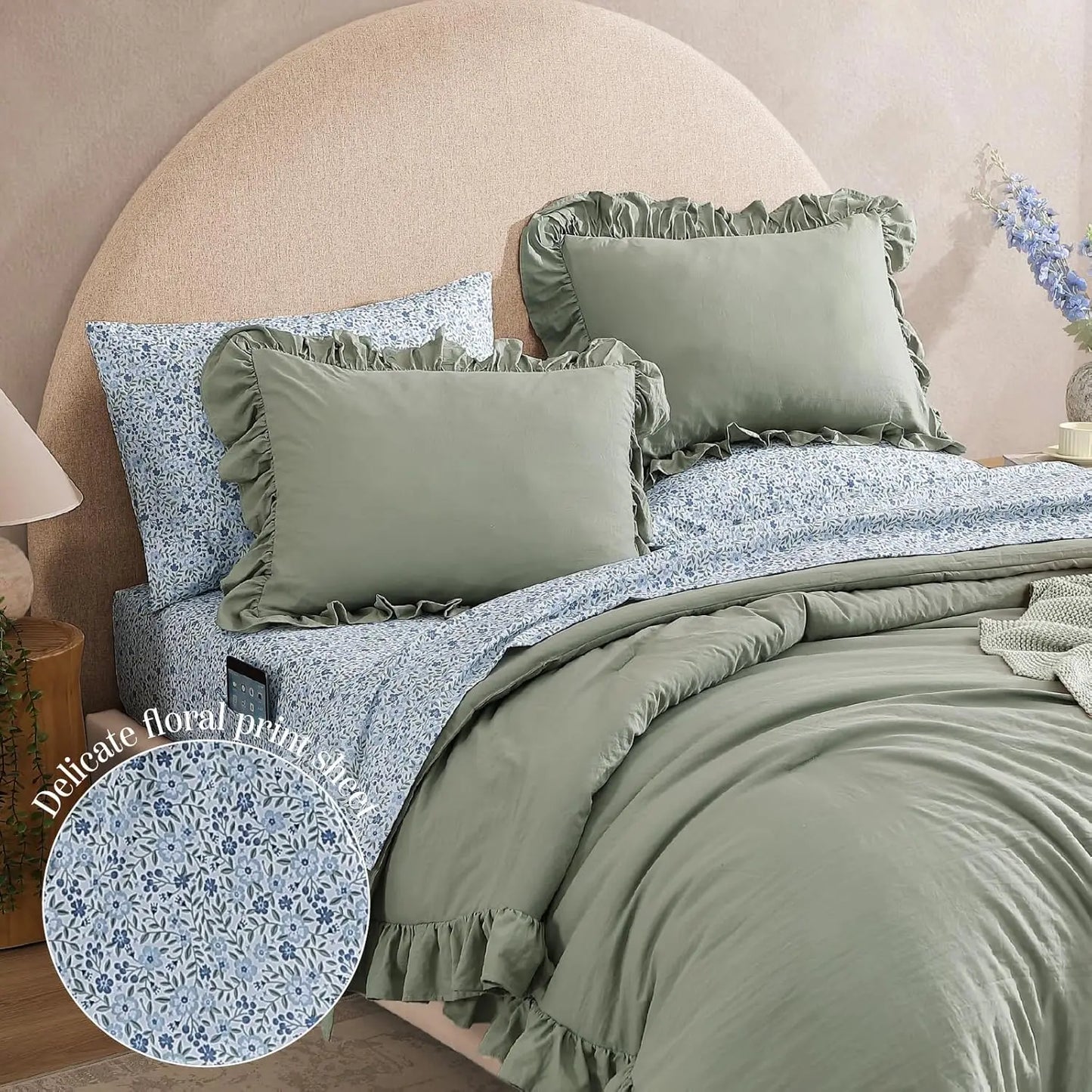Queen Comforter Set - 7 Pieces Ruffle Sage Green Bedding, Shabby Chic Farmhouse Style with Floral Sheets & Pillowcases