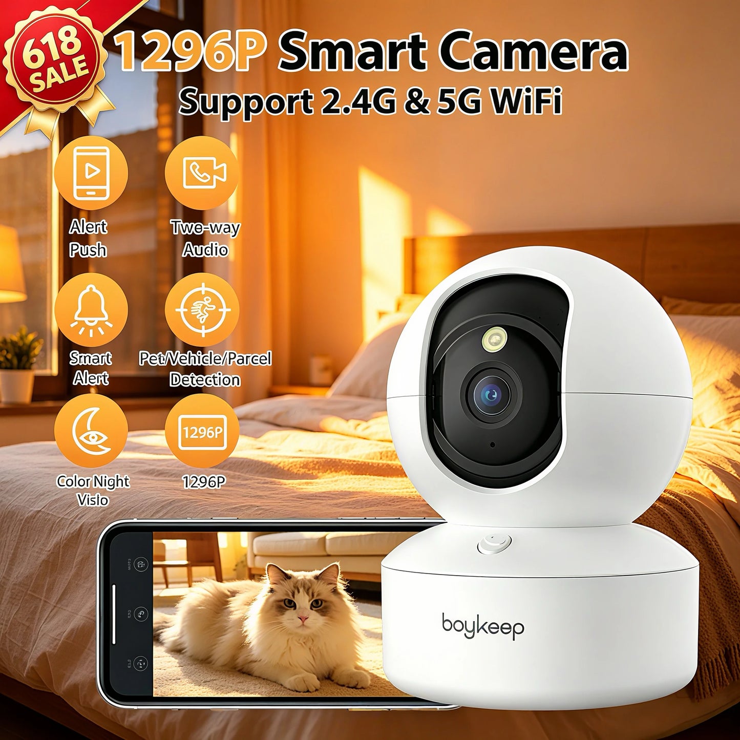 BoyKeep Smart Camera 2K Security Protection Wifi Surveillance 5G/2.4GHz Indoor Baby Night Vision 360° Pan & Tilt 2-Way Audio K30