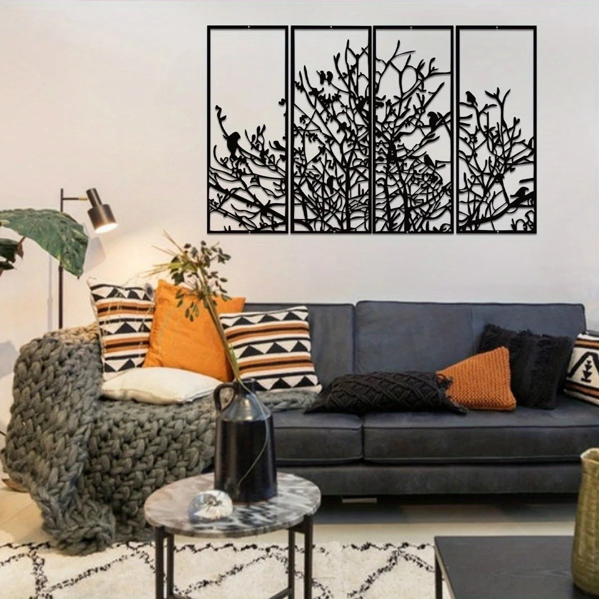 4 Panels Tree of Life Decor Mid-Century Tree Decor Large Black Unique Minimalist Home Decor Great Housewarming Perfect for Gift