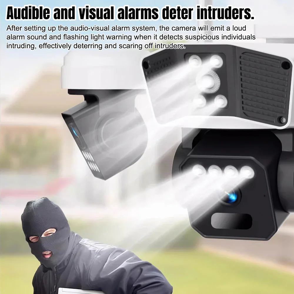6MP Three Lens Solar Security Camera Wireless WiFi Outdoor PTZ Camera 3 Screen Full Color Night Vision Motion Detection Sound Light Alarm IP66 Waterproof Surveillance Cam
