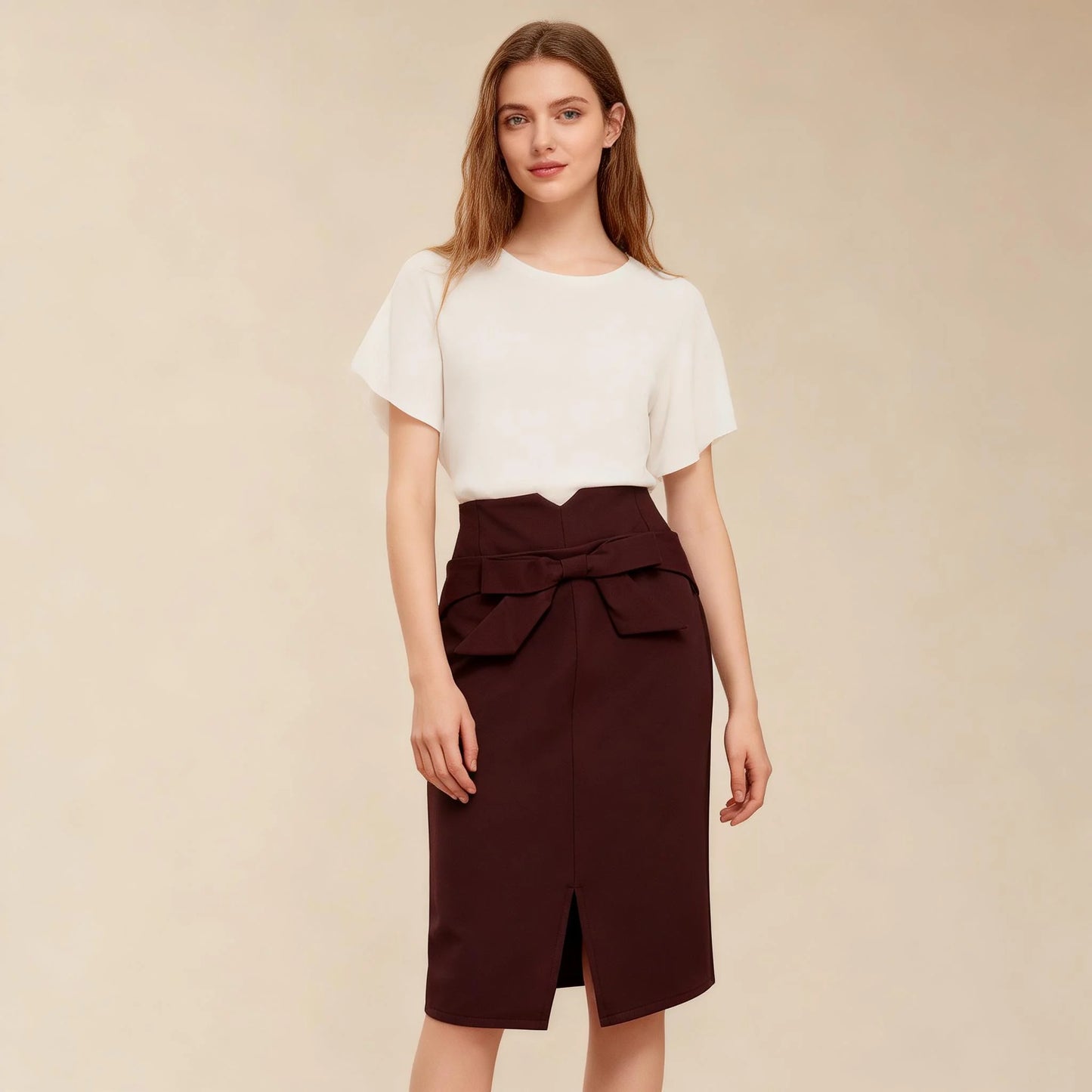 New Women Pencil Skirt Knee Length High Waist Elegant Open Slit Bow Skirt