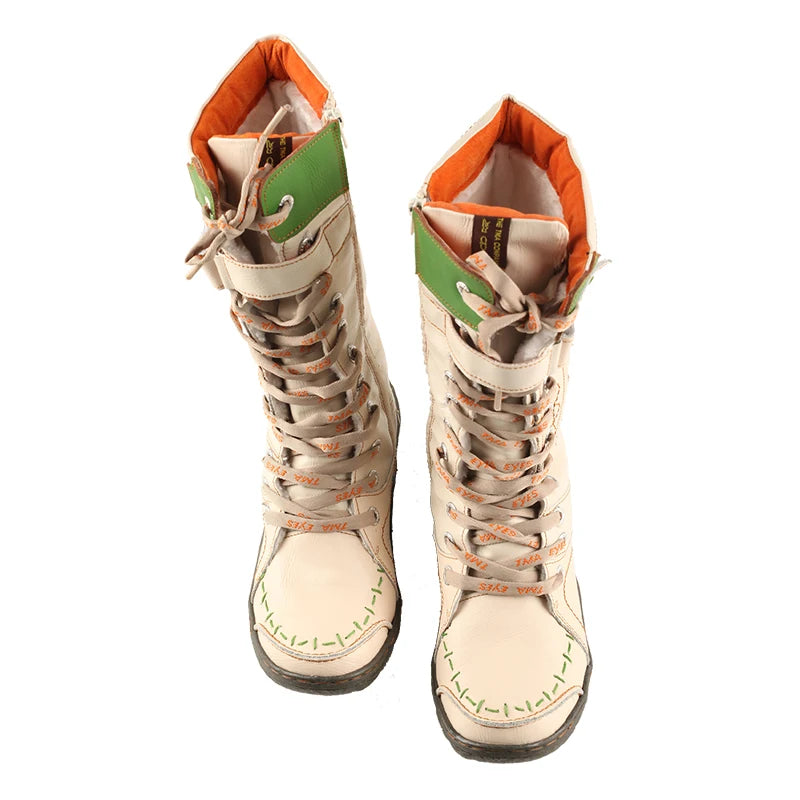 TMA EYES New Women'S Mid-Calf Boots Retro Handmade Lace-Up Winter Snow Boots Casual Warm Comfortable Footwear