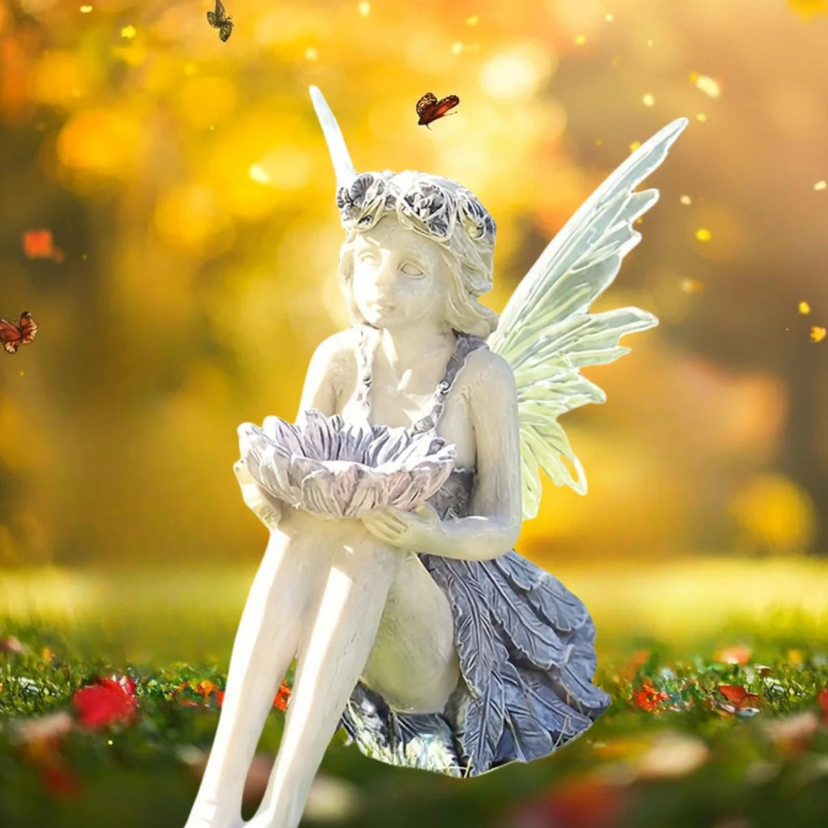 Outdoor Garden Solar Statue Light, Outdoor Solar Fairy Garden Statues, Garden resin flower fairy holding flower statue decorativ