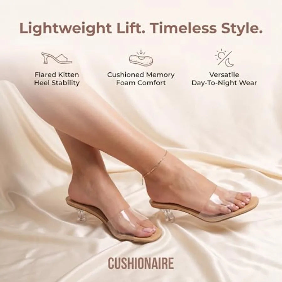 Doral Kitten Heels for Women, Slip-On Open Toe Dress Sandals with Cushioned Footbed