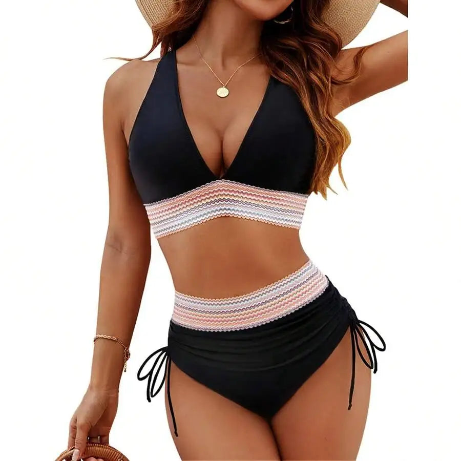 Women High Waisted Bikini Set Tummy Control Two Piece Drawstring Swimsuit