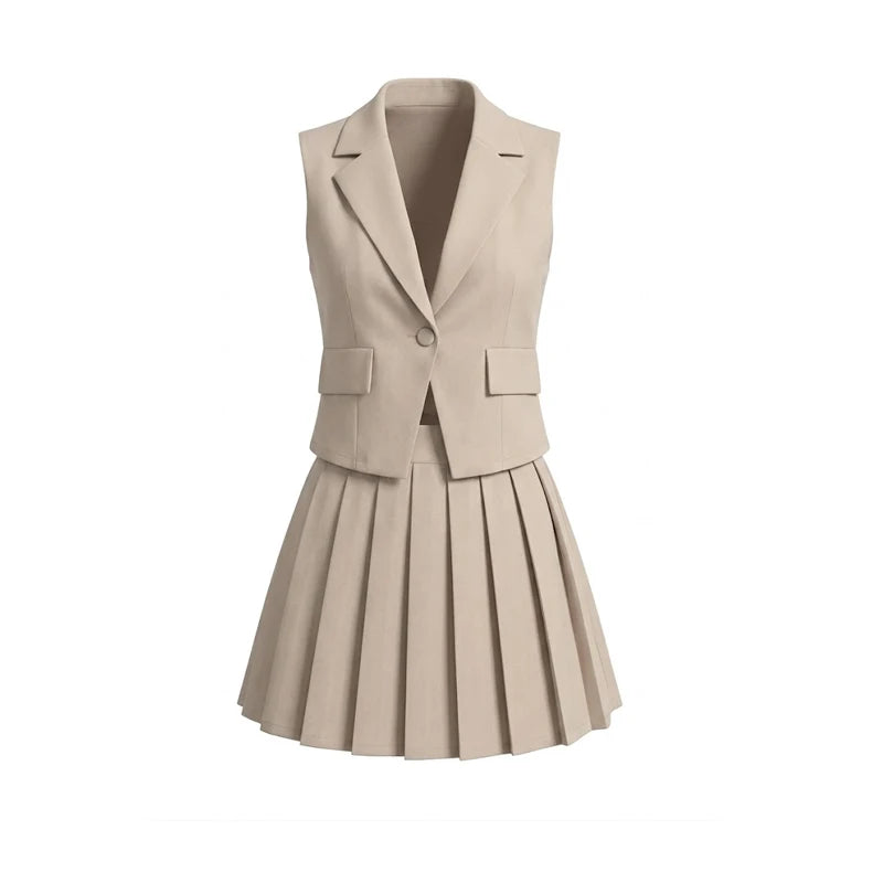 2-Piece Beige Lapel Sleeveless Blazer Vest Pleated High Waist Mini Skirt Set Women Office Work Wear Outfit