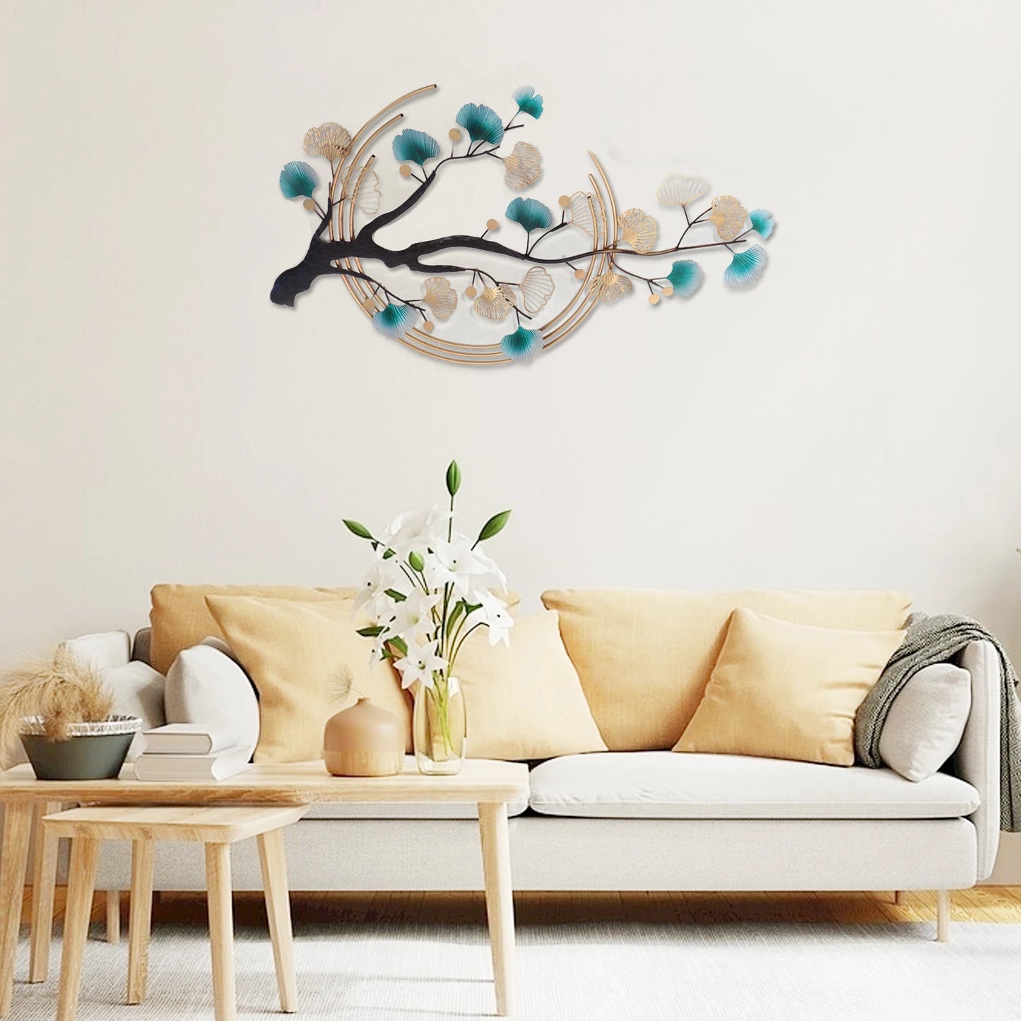 Chinese Style Metal Wall Art 3D Ginkgo Leaf Iron Wall Hanging Modern Luxury Living Room Bedroom Wall Decor 110x68cm